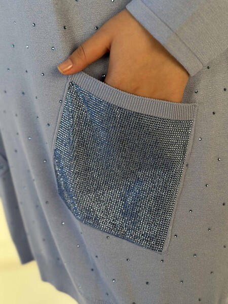 Toptan Kadın Triko Kazak Uzun Kollu Taş İşlemeli Cep Detaylı Bisiklet Yaka Mavi - 30624 | KAZEE - 5