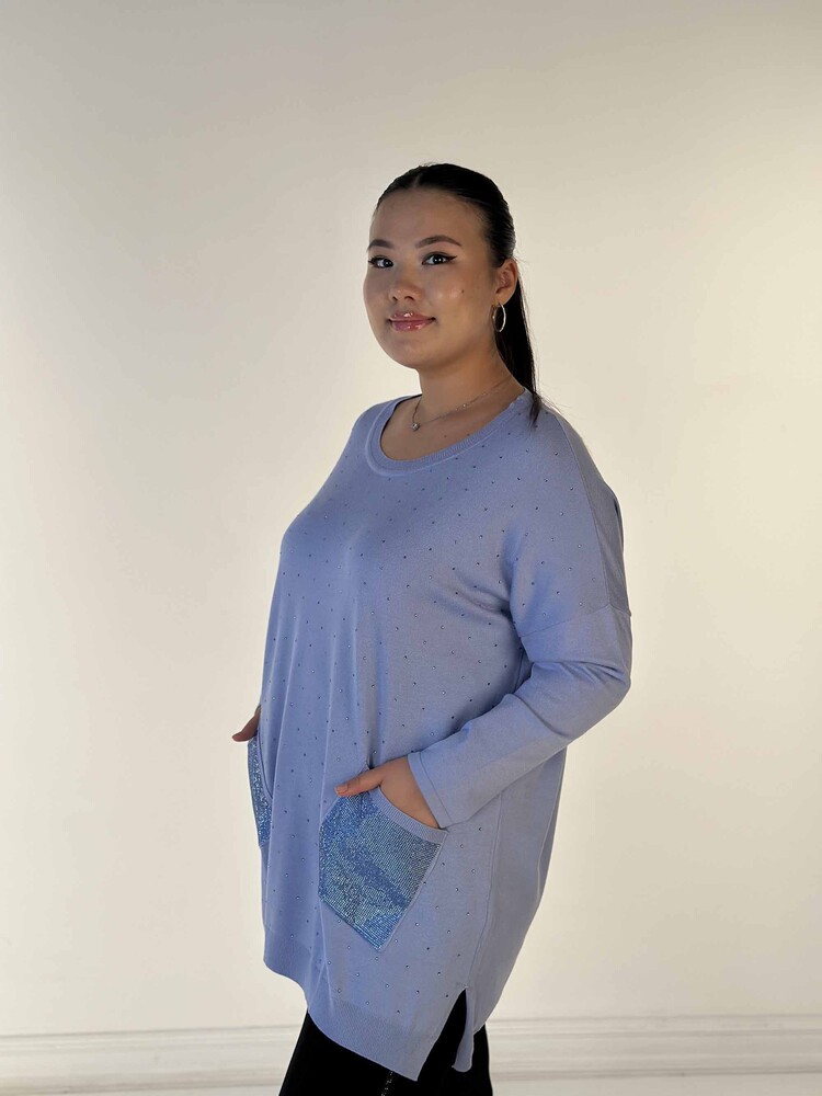 Toptan Kadın Triko Kazak Uzun Kollu Taş İşlemeli Cep Detaylı Bisiklet Yaka Mavi - 30624 | KAZEE - 2