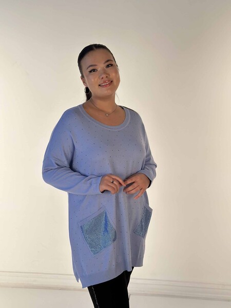 Toptan Kadın Triko Kazak Uzun Kollu Taş İşlemeli Cep Detaylı Bisiklet Yaka Mavi - 30624 | KAZEE - 3