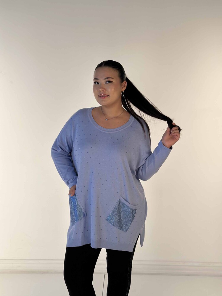 Toptan Kadın Triko Kazak Uzun Kollu Taş İşlemeli Cep Detaylı Bisiklet Yaka Mavi - 30624 | KAZEE - 1