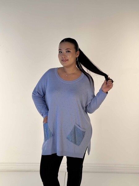 Toptan Kadın Triko Kazak Uzun Kollu Taş İşlemeli Cep Detaylı Bisiklet Yaka Mavi - 30624 | KAZEE 