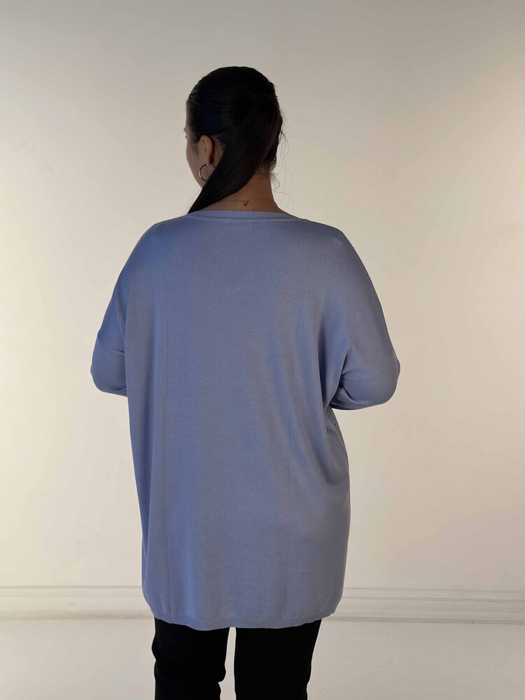 Toptan Kadın Triko Kazak Uzun Kollu Taş İşlemeli Cep Detaylı Bisiklet Yaka Mavi - 30624 | KAZEE - 6