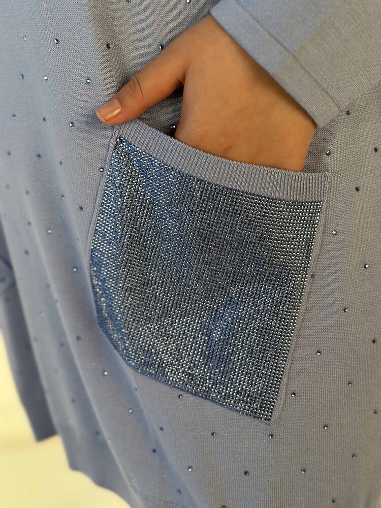 Toptan Kadın Triko Kazak Uzun Kollu Taş İşlemeli Cep Detaylı Bisiklet Yaka Mavi - 30624 | KAZEE - 5