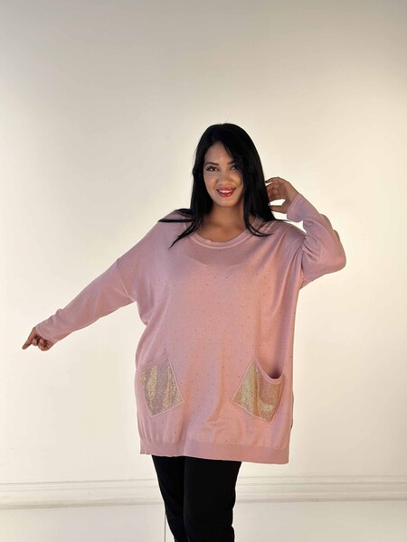 Toptan Kadın Triko Kazak Uzun Kollu Taş İşlemeli Cep Detaylı Bisiklet Yaka Pudra - 30624 | KAZEE - 3