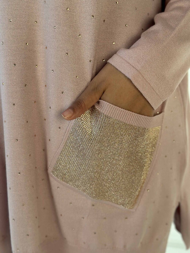 Toptan Kadın Triko Kazak Uzun Kollu Taş İşlemeli Cep Detaylı Bisiklet Yaka Pudra - 30624 | KAZEE - 5