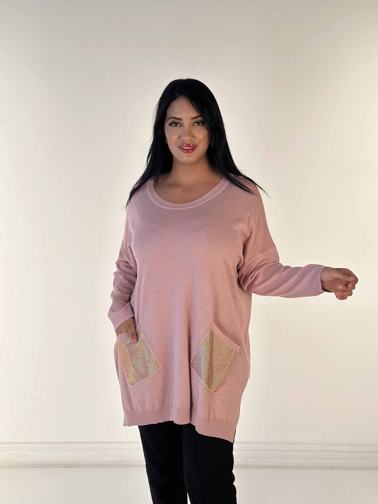 Toptan Kadın Triko Kazak Uzun Kollu Taş İşlemeli Cep Detaylı Bisiklet Yaka Pudra - 30624 | KAZEE - 1