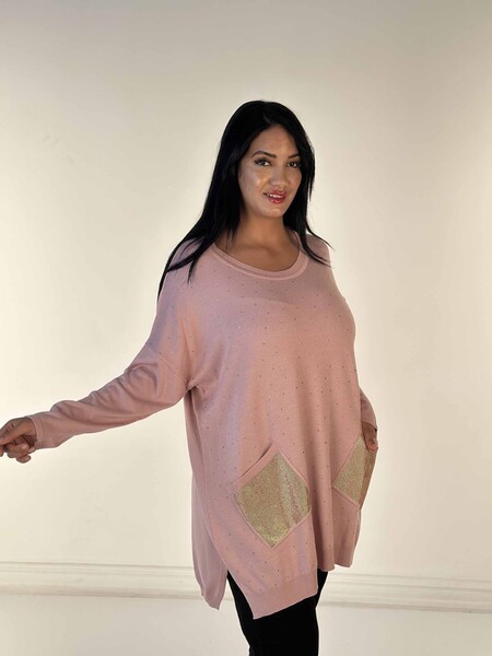 Toptan Kadın Triko Kazak Uzun Kollu Taş İşlemeli Cep Detaylı Bisiklet Yaka Pudra - 30624 | KAZEE - 2