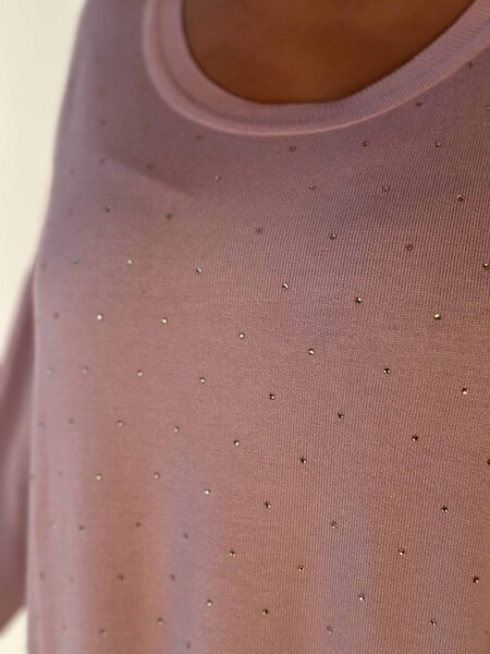 Toptan Kadın Triko Kazak Uzun Kollu Taş İşlemeli Cep Detaylı Bisiklet Yaka Pudra - 30624 | KAZEE - 4