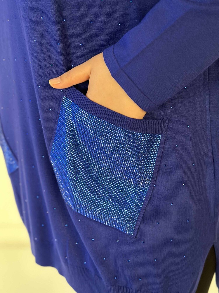 Toptan Kadın Triko Kazak Uzun Kollu Taş İşlemeli Cep Detaylı Bisiklet Yaka Saks - 30624 | KAZEE - 5