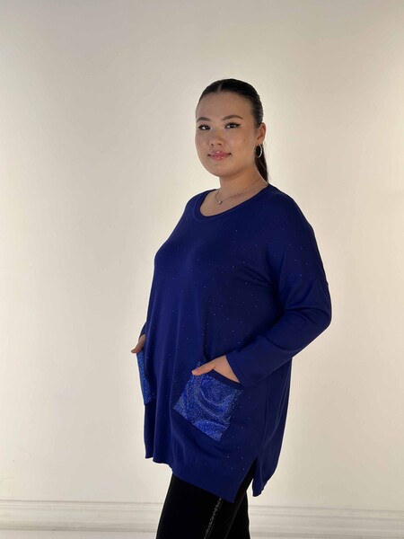 Toptan Kadın Triko Kazak Uzun Kollu Taş İşlemeli Cep Detaylı Bisiklet Yaka Saks - 30624 | KAZEE - 2