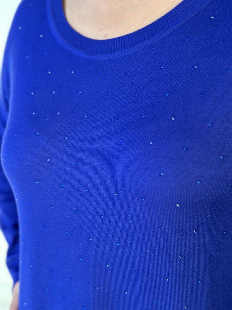 Toptan Kadın Triko Kazak Uzun Kollu Taş İşlemeli Cep Detaylı Bisiklet Yaka Saks - 30624 | KAZEE - 4