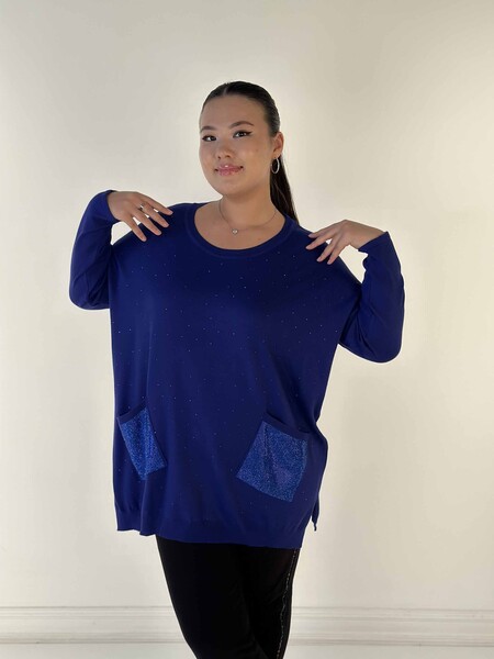 Toptan Kadın Triko Kazak Uzun Kollu Taş İşlemeli Cep Detaylı Bisiklet Yaka Saks - 30624 | KAZEE 