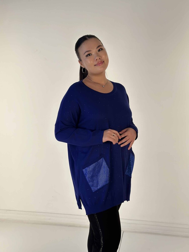 Toptan Kadın Triko Kazak Uzun Kollu Taş İşlemeli Cep Detaylı Bisiklet Yaka Saks - 30624 | KAZEE - 3