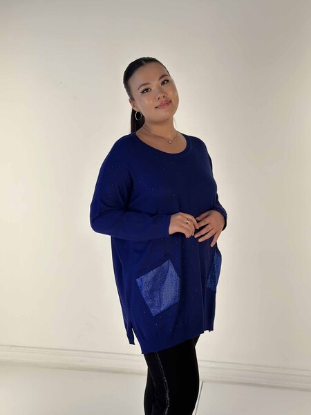 Toptan Kadın Triko Kazak Uzun Kollu Taş İşlemeli Cep Detaylı Bisiklet Yaka Saks - 30624 | KAZEE - 3