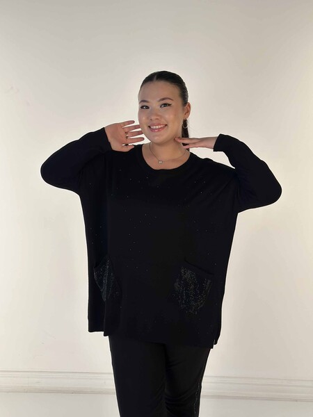 Toptan Kadın Triko Kazak Uzun Kollu Taş İşlemeli Cep Detaylı Bisiklet Yaka Siyah - 30624 | KAZEE 