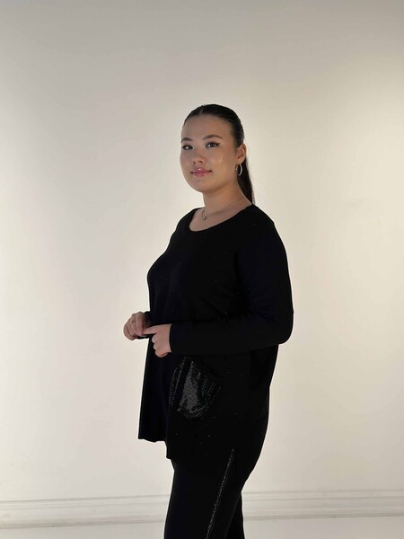 Toptan Kadın Triko Kazak Uzun Kollu Taş İşlemeli Cep Detaylı Bisiklet Yaka Siyah - 30624 | KAZEE - 2