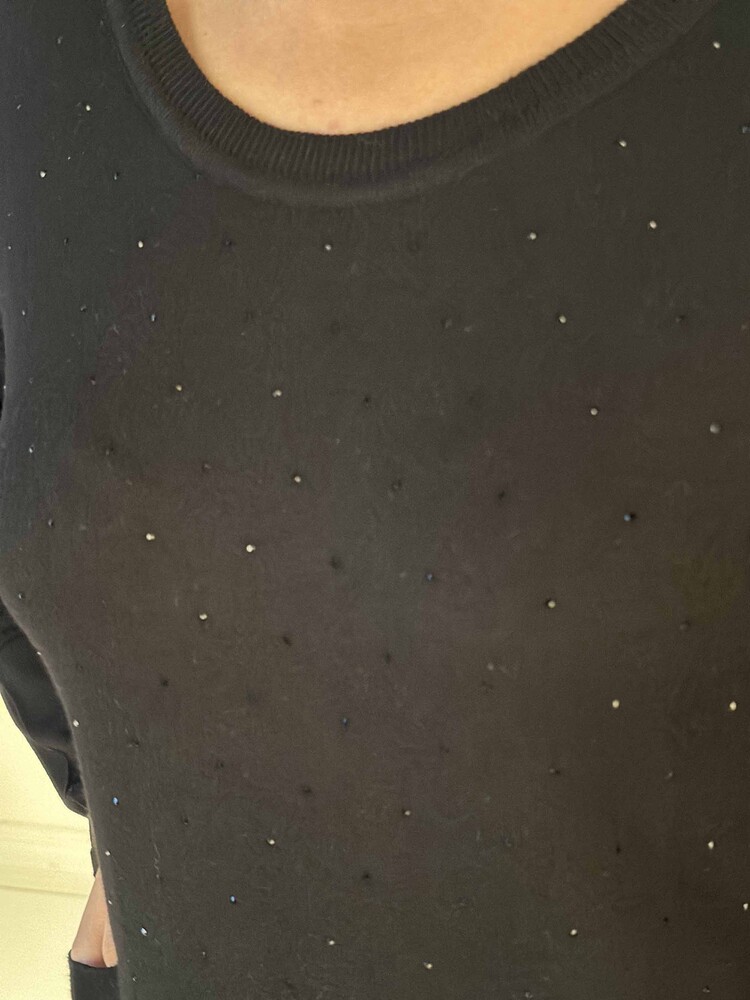 Toptan Kadın Triko Kazak Uzun Kollu Taş İşlemeli Cep Detaylı Bisiklet Yaka Siyah - 30624 | KAZEE - 4