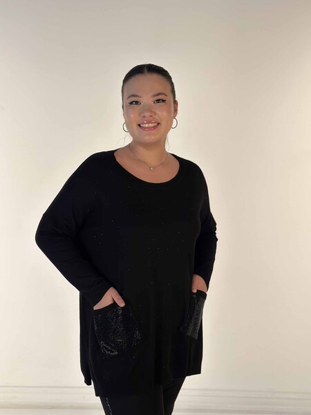 Toptan Kadın Triko Kazak Uzun Kollu Taş İşlemeli Cep Detaylı Bisiklet Yaka Siyah - 30624 | KAZEE - 3