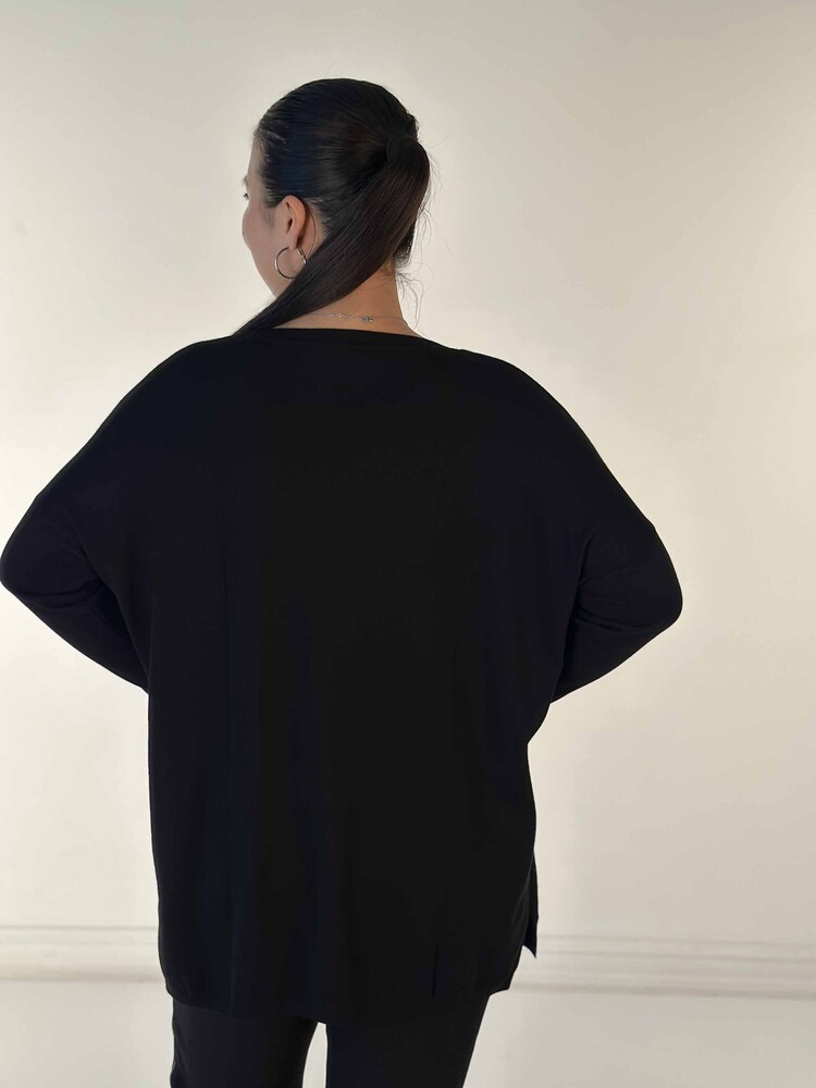 Toptan Kadın Triko Kazak Uzun Kollu Taş İşlemeli Cep Detaylı Bisiklet Yaka Siyah - 30624 | KAZEE - 6