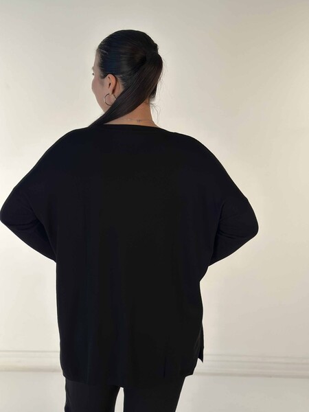 Toptan Kadın Triko Kazak Uzun Kollu Taş İşlemeli Cep Detaylı Bisiklet Yaka Siyah - 30624 | KAZEE - 6