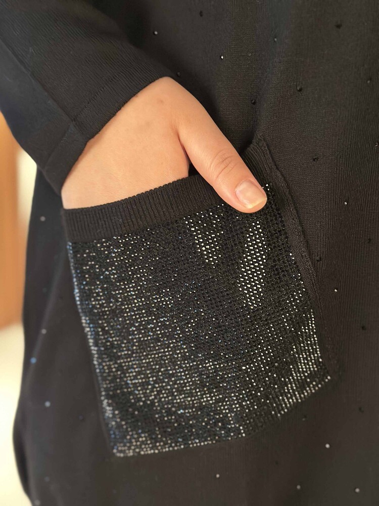 Toptan Kadın Triko Kazak Uzun Kollu Taş İşlemeli Cep Detaylı Bisiklet Yaka Siyah - 30624 | KAZEE - 5