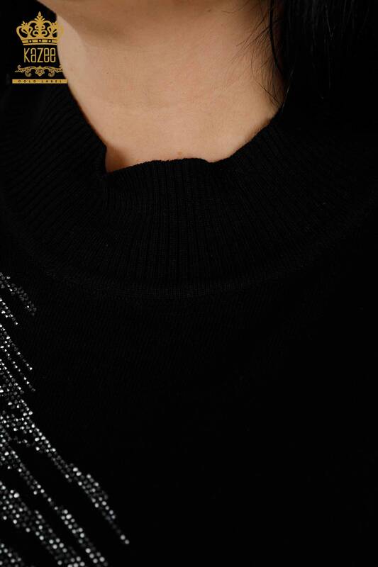 Toptan Kadın Triko Kazak Yaprak Desenli Siyah - 30017 | KAZEE
