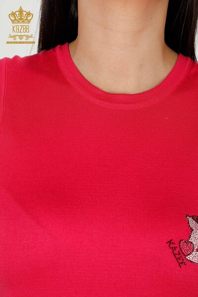 Toptan Kadın Triko Kedi Desenli Kolsuz Fuşya - 16902 | KAZEE - 4