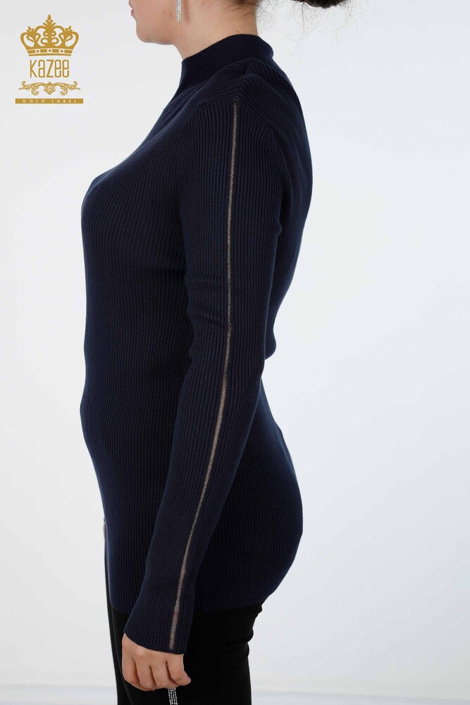 Toptan Bayan Triko Kol Detaylı Taş İşlemeli Dik Yaka - 16248 | KAZEE - 16