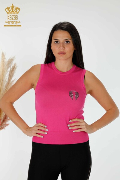 Toptan Kadın Triko Melek Kanat Desenli Kolsuz Fuşya - 16921 | KAZEE 
