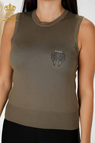 Toptan Kadın Triko Melek Kanat Desenli Kolsuz Haki - 16921 | KAZEE - 2
