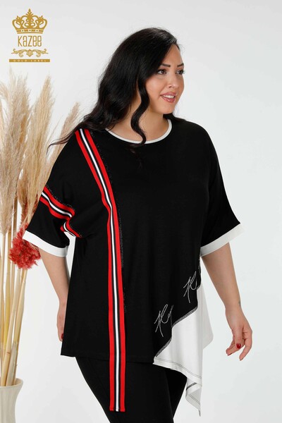 Kazee - Toptan Kadın Tunik Çizgili İki Renkli Siyah Ekru - 77730 | KAZEE (1)
