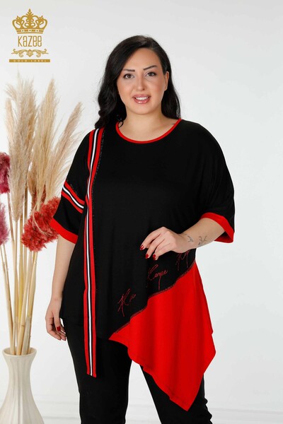 Kazee - Toptan Kadın Tunik Çizgili İki Renkli Siyah Kırmızı - 77730 | KAZEE