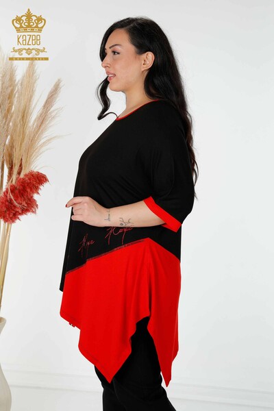 Kazee - Toptan Kadın Tunik Çizgili İki Renkli Siyah Kırmızı - 77730 | KAZEE (1)