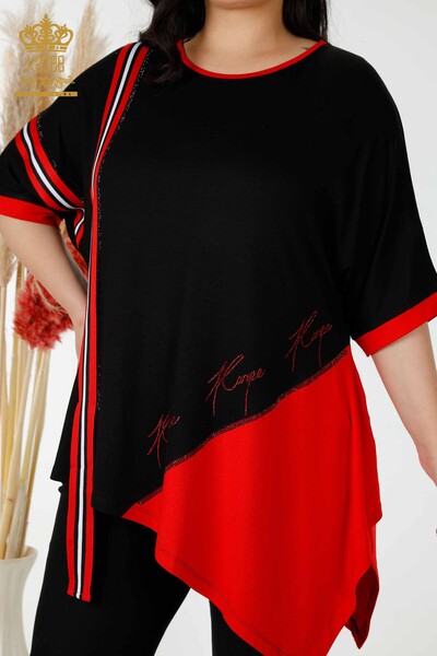 Toptan Kadın Tunik Çizgili İki Renkli Siyah Kırmızı - 77730 | KAZEE - Thumbnail (2)