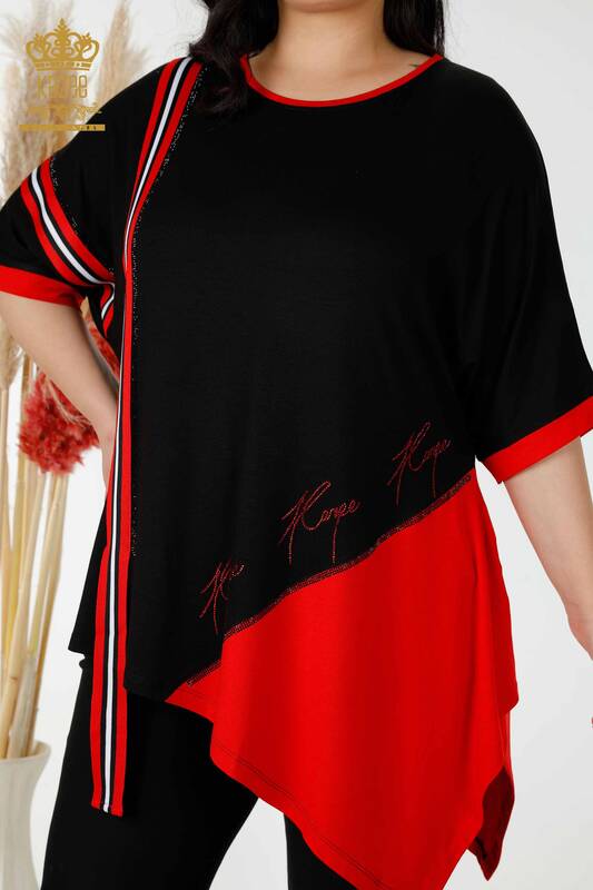 Toptan Kadın Tunik Çizgili İki Renkli Siyah Kırmızı - 77730 | KAZEE