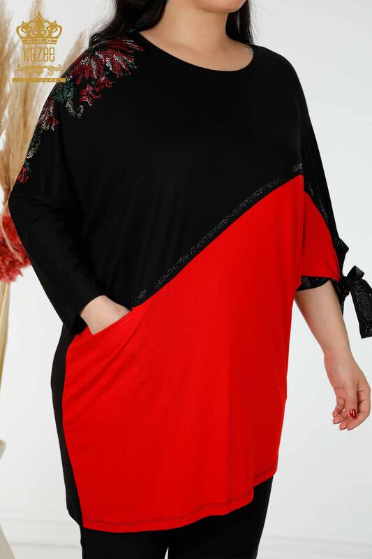 Toptan Kadın Tunik İki Renkli Siyah Kırmızı - 77732 | KAZEE