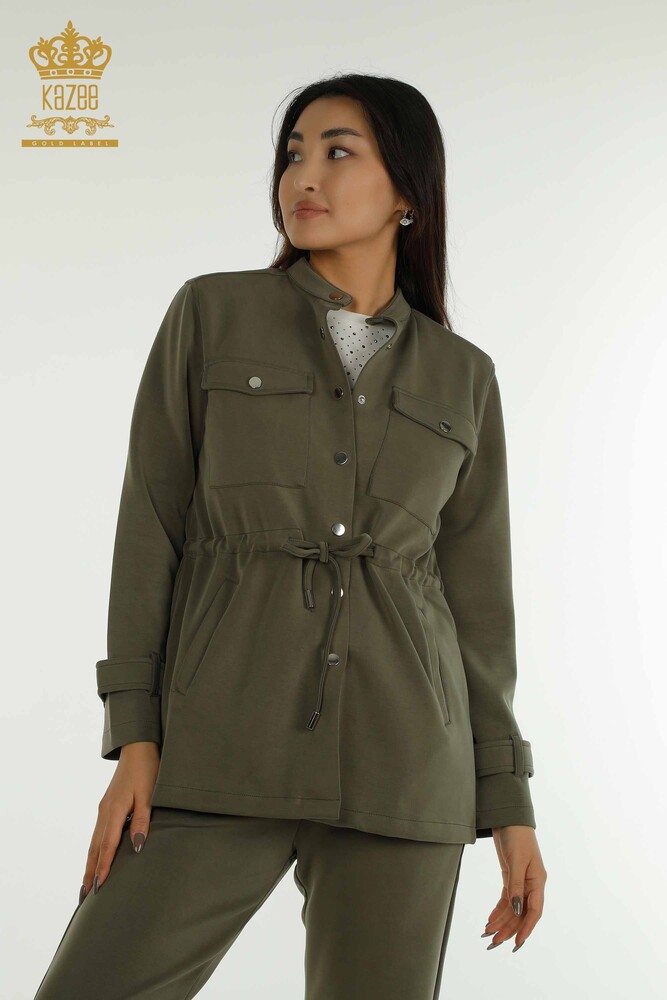 Toptan Kadın Üçlü Eşofman Takımı Düğme Detaylı Haki - 17622 | KAZEE - 2