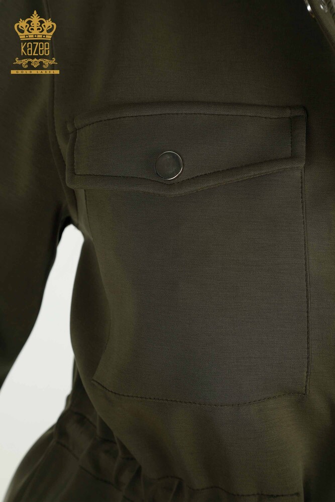 Toptan Kadın Üçlü Eşofman Takımı Düğme Detaylı Haki - 17622 | KAZEE - 6