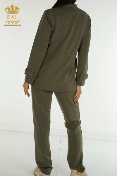 Toptan Kadın Üçlü Eşofman Takımı Düğme Detaylı Haki - 17622 | KAZEE - 11