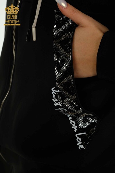 Toptan Kadın Üçlü Eşofman Takımı Kapüşonlu Siyah - 17616 | KAZEE - 8