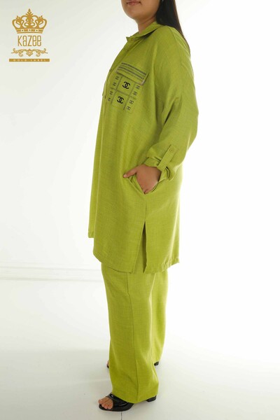 Toptan Kadın Üçlü Takım Taş İşlemeli Fıstık Yeşil - 2407-4560 | A - Thumbnail