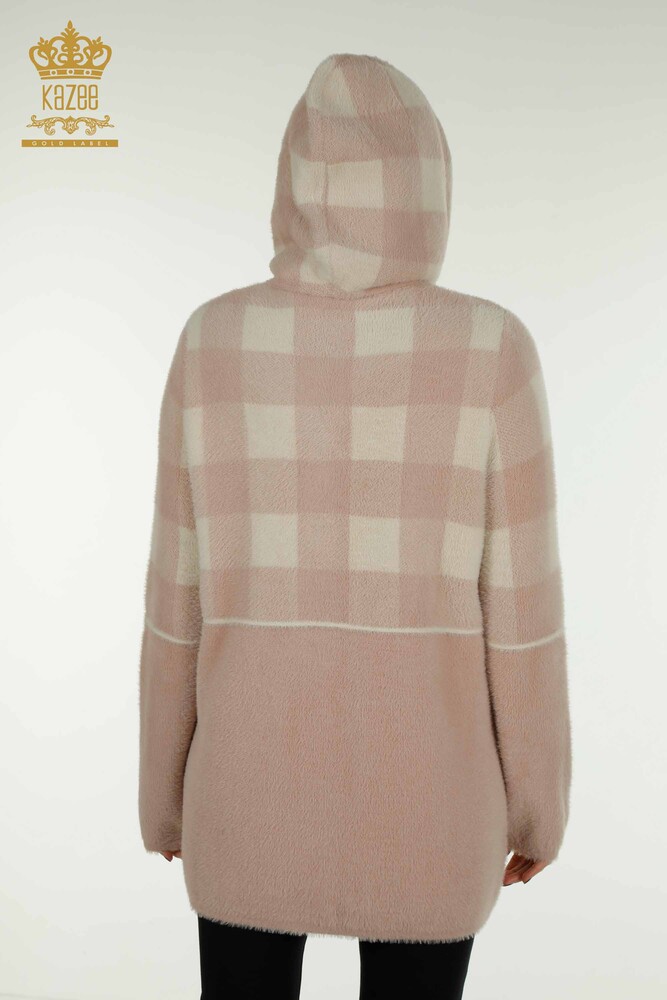 Toptan Kadın Uzun Hırka Kareli Angora Pudra - 30208 | KAZEE - 9
