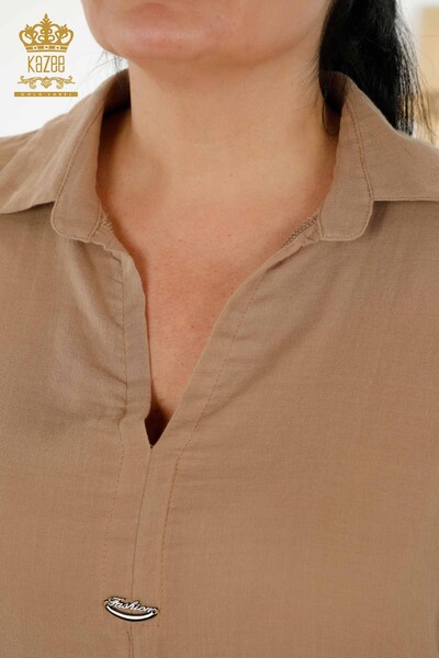 Toptan Kadın Yazlık Gömlek Takım Cepli Bej - 20402 | KAZEE - Thumbnail