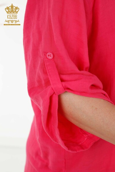Toptan Kadın Yazlık Gömlek Takım Cepli Fuşya - 20402 | KAZEE - Thumbnail