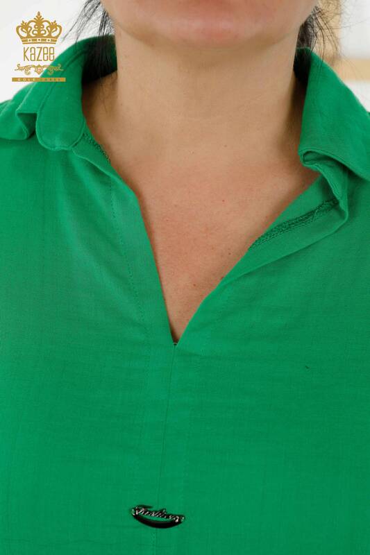 Toptan Kadın Yazlık Gömlek Takım Cepli Yeşil - 20402 | KAZEE