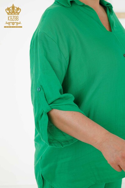 Toptan Kadın Yazlık Gömlek Takım Cepli Yeşil - 20402 | KAZEE - Thumbnail