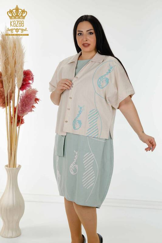 Toptan Kadın Yazlık Takım Gömlek Elbise Bej Mint - 20314 | KAZEE