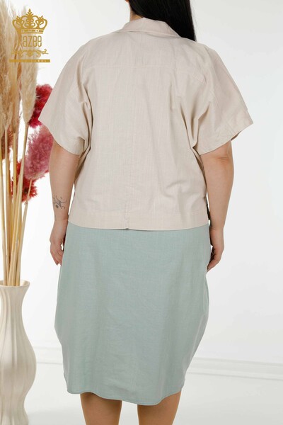 Toptan Kadın Yazlık Takım Gömlek Elbise Bej Mint - 20314 | KAZEE - Thumbnail