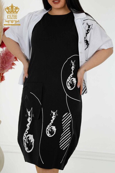 Toptan Kadın Yazlık Takım Gömlek Elbise Beyaz Siyah - 20314 | KAZEE - Thumbnail