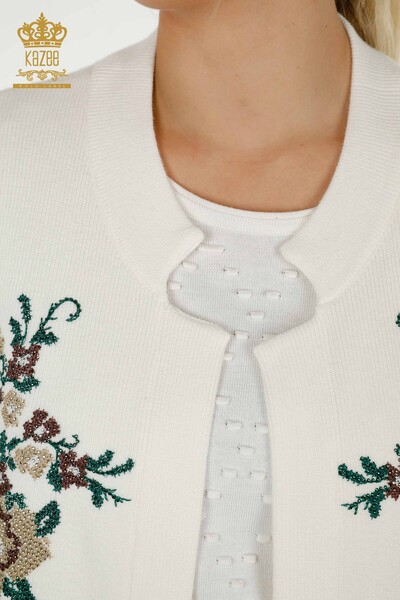 Toptan Kadın Yelek Çiçek Nakışlı Ekru - 30644 | KAZEE - 3